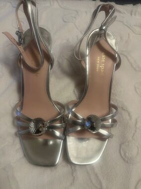 10B kate spade Metallic Silver Strappy Heels with Faceted Orb